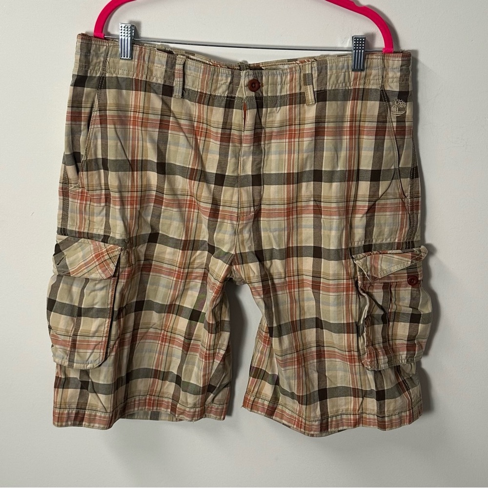'09 TIMBERLAND men's casual tan brown plaid cargo shorts, 38".